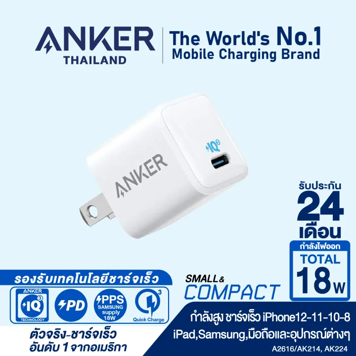 Anker หัวชาร์จเร็ว iPhone13/iPhone12 (20W/18W) PowerPort III Nano PIQ3.0 (PD+QC3.0) จ่ายไฟเร็วกว่า ชาร์จไว เล็กจิ๋ว รองรับอุปกรณ์ USB-C - A-44B/A-69B/AK255/AK224