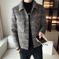 2022ฤดูหนาว Mens Wool Trench Coat แจ็คเก็ตสั้น Slim Fit Casual เสื้อเกาหลีลายสก๊อต Steetwear Windbreaker Turndown Collar Outwear