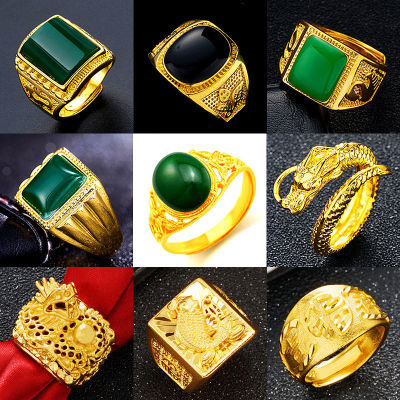 แหวนทองเวียดนามฝังอาเกตสีเขียวและทับทิมอัญมณีสีดำสำหรับ Unisex YW83