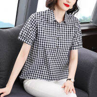 Plaid Shirt Women Plus Size Loose Cotton Blouse Korean Style Fashion Casual Short Sleeve Tops