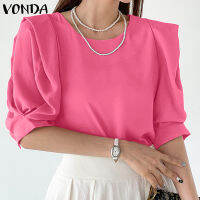 VONDA เสื้อสีทึบในที่ทำงานเสื้อสตรีแขนยาวอัดพลีทปกพัฟปกลูกเรือสวยหรูสำหรับผู้หญิง (ลำลองเกาหลี)