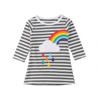 VOGUEON Fancy Girl Long Sleeve Dress Stripe Rainbow Print Dresses Kids Birthday Party Baby Girls Casual Vestido Children Clothes