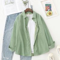 【On Clearance】Corduroy Casual Shirt Green Korean Round Neck Womens Kemeja Blouse Long Sleeve Tops Loose Boyfriend Style