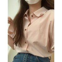 Short-Sleeved Shirt Womens 2023 Summer New Hong Kong Flavor Retro Chic Loose Look Slim Embroidery Casual Chic Top Tide