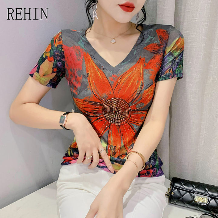 rehin-เสื้อยืดแขนสั้นคอวีสำหรับผู้หญิง-เสื้อสตรีพิมพ์ลายแฟชั่นเสื้อผู้หญิงอินเทรนด์แบบยืดได้