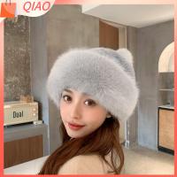 QIAO อบอุ่น ฤดูหนาว Furry หมวกสกี Faux Fur Hat Pom Pom Ball หมวก Beanie