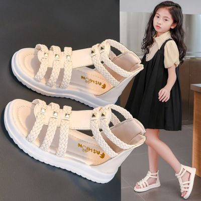 Girls Roman Sandals Open Toe Braided Solid Color High-top Simple Rivets New Summer Hollow Flat Casual Shoes Kids Fashion Casual