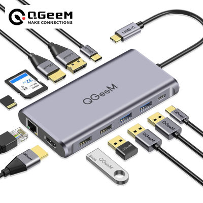 QGeeM USB C Hub สำหรับ Pro Triple Display Type C Hub ถึง Dual 4K HDMI &amp; DP เครื่องอ่านการ์ด Micro SD RJ45 PD USB3.0 Hub Adapter