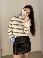 Spot parcel post Korean Womens Clothing GROVE Early Autumn New Thin Letter Stripes Ultra-Fine Wool Sweater round Neck Long Sleeve Sweater