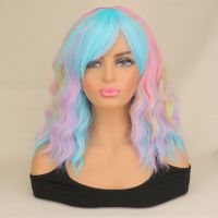 SuQ Womens Short Water Wavy Wig with Bangs Girls Synthetic Hair Cosplay Wig Rainbow Multi Color Party Cosplay Wigs