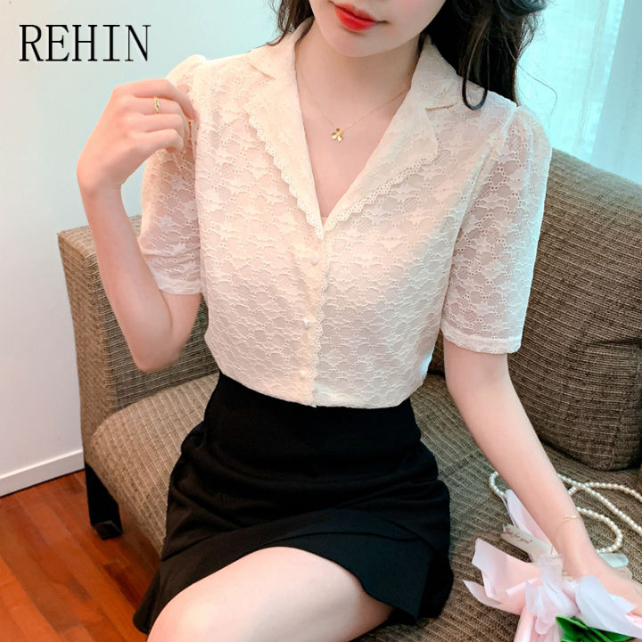 rehin-เสื้อเชิ้ตผู้หญิงแขนสั้นคอวีลูกไม้สวยงาม-เสื้อลูกไม้แฟชั่นสไตล์เกาหลีแบบใหม่ฤดูร้อน
