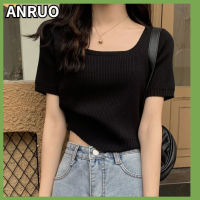 ANRUO เสื้อสเวตเตอร์ของผู้หญิง,เสื้อกันหนาวแขนสั้นผ้าไอซ์ซิลค์ผู้หญิงเวอร์ชั่นภาษาเกาหลี Baju Rajutan