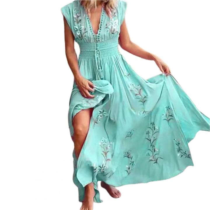 bohemian-women-dress-floral-print-lace-up-tassel-large-hem-dress-summer-vintage-maxi-dress-beach