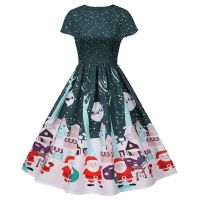 Womens Fashion Christmas Short Sleeve Printed Round Neck Big Swing Dress