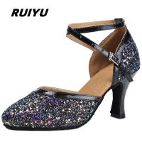 RUIYU Womens Latin Dance Shoes Adult Soft Tango Salsa Sports Dance Shoes Fashion Sequins Black And White