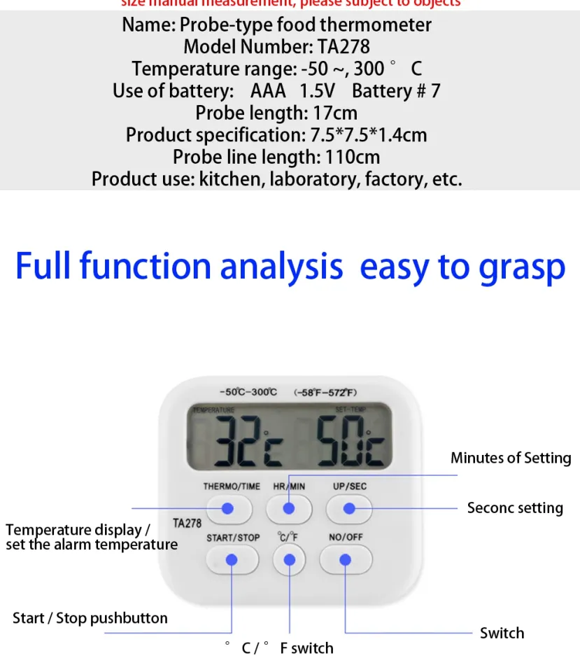 1 Pc Food Thermometer TA278 Digital Cable Sensor Wireless Meat Thermometer  Alarm Timer for Home Cooking Kitchen Barbecue Tools