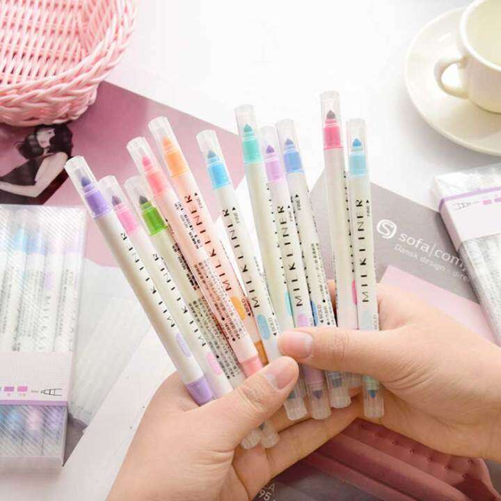 12-colorsset-cute-japanese-stationery-milk-liner-double-headed-fluorescent-pen-milkliner-highlighter-pen-drawing-marker-pens