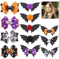 Fashion Ribbon Glitter Pumpkin Hairpins Halloween Bat Ghost Hair Clip For Baby Girls Kids Bows Headwear Hair Styling Accessories