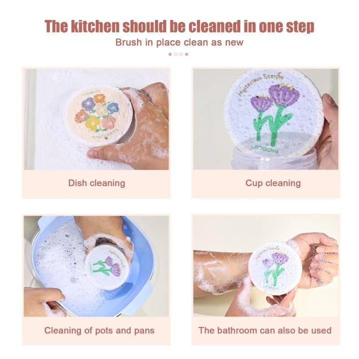 ฟองน้ำล้างจานผ้าฝ้ายเยื่อไม้1ชิ้น-3ชิ้นเช็ดดอกไม้วิเศษใช้ซ้ำได้ฟองน้ำที่มีการบีบอัดแผ่นเช็ดทำความสะอาดครัวเครื่องมือสุ่มสี-l9u2