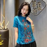 Cotton and Linen New National Style Blouse Female Summer Chinese Style Short Sleeve Buttons Floral Embroidered Shirt