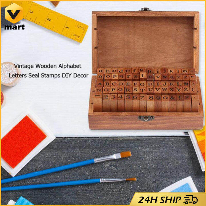 Vintage DIY Number and Alphabet Letter Wood Stamps Set with Wooden Box