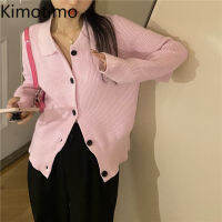 Kimotimo Pink Knit Cardigan Women Early Autumn Turn-down Collar Single Breasted Sweater Korean Sweet Long Sleeve Tender Coats