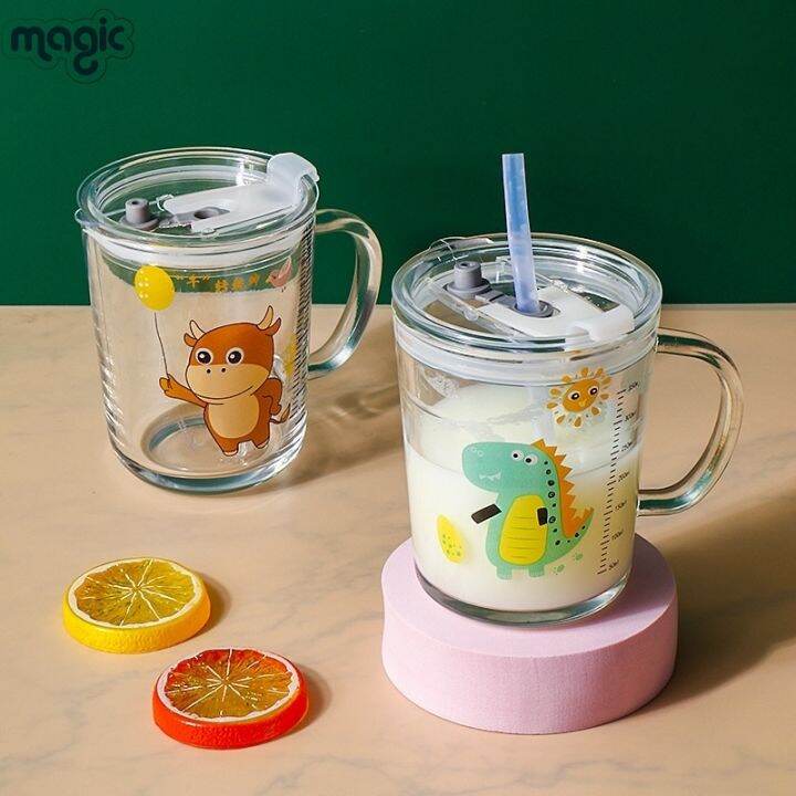 Print Milk Glass Cup for Kids with Handle, Spill Proof Lid and Straw, Coffee  Cup Mug Glass with Heat Resistance, 400 ml