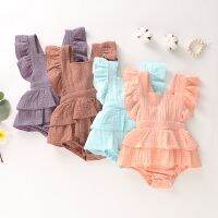 Summer New Baby Girl’S Casual Fly Sleeve Romper Cotton Linen Fresh Solid Color Backless Ruffles Jumpsuits Infant Clothes