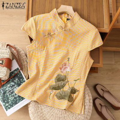 (สินค้ามาใหม่)(จัดส่งฟรี)Fancystyle ZANZEA เสื้อคอจีนวินเทจของผู้หญิงที่ปิดแขนปักลายดอกไม้เสื้อตาหมากรุกเช็ค #2