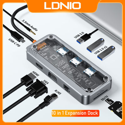 LDNIO 10 In 1 Type-C To HDMI ด็อค USB C Hub 10 In 1 VGA Multi-อะแดปเตอร์การใช้งาน3.5Mm สัญญาณเสียง USB3.0/USB2.0 Sd/ อ่านบัตร TF สำหรับ MacBook Pro กูเกิ้ลโครมบุ๊ค samsung Galaxy S8/S9และอุปกรณ์ USB C อื่นๆ