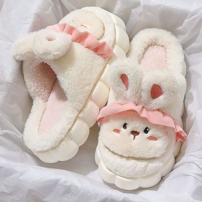 Princess Bunny Slippers Women 39;s Winter Warm Platform Mule Shoes Girls Cute Lace Rabbit Ear Slipper Woman Fluffy Slides Home Shoe