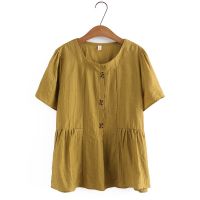 【มีไซส์ใหญ่】Plus Size Womens  False Button Thin Summer Tops Fashion Loose Round Neck Solid Color Ladiess Elegant Short Sleeve Shirts Large Size Female Top