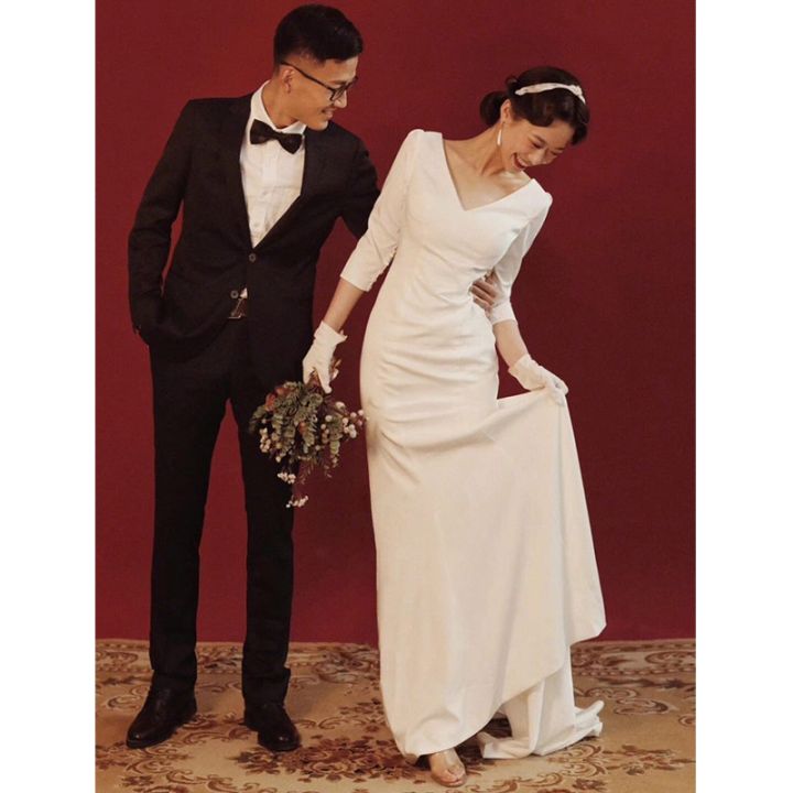 qs169ชุดแขนยาวแบบกองพลน้อยงานแต่งงานเจ้าสาวบรรยากาศเรียบง่ายกระชับสัดส่วนชุดแต่งงานเบาเกาหลี