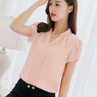 Korean Fashion Women Shirts Woman Chiffon Shirt Short Sleeve Elegant Office Lady V Neck White Blouse Shirts Blusas Mujer De Moda