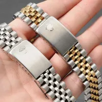 2023 Original ☎✹ Cocok untuk Rolex Log Type Steel Band Five Beads Gold Band Stainless Steel Chain Single Fold Buckle Accessory 17Mm