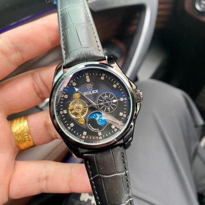 นาฬิกากลไกของผู้ชายของแท้2022นาฬิกาข้อมือสำหรับผู้ชายสายหนังสีดำนาฬิกาลำลองธุรกิจแฟชั่น