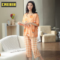 CMENIN การ์ตูนผลไม้สีส้มผ้าฝ้ายแขนสั้นกางเกงขาสั้นชุดนอนสตรี homewear ชุด KY-7037