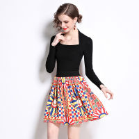 2022 Spring Fall Fashion Retro Square Collar Halter Slim Long Sleeve Knitted Black Crop Top+Cartoon Printed Skirt Two-Piece Set