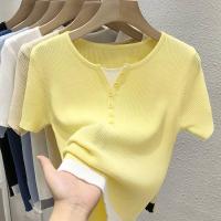 เสื้อถักนิตติ้งสำหรับผู้หญิงเสื้อเสื้อยืดลำลองเสื้อยืดแขนสั้นสีเหลืองเข้ารูปแฟชั่นสไตล์เกาหลีใหม่