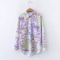 European and American style womens new flower print loose lapel long-sleeved fashion shirt