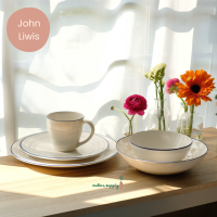 John Lewis  เซรามิก  จาน ชาม เเก้ว มัค กาแฟ ใส่ อาหาร สีขาว ขอบ น้ำเงิน เครื่องดื่ม เข้า ไมโครเวฟ เครื่องล้างจาน ได้