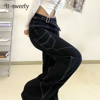 U-sweety Women Jeans Fashion Solid Color Asymmetrical Belted High Waist Straight Leg Denim Long Pants