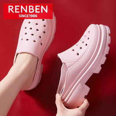 RENBEN รองเท้าหัวโตใหม่ผู้หญิง รองเท้าพื้นหนาผญ รองเท้าแตะหญิงสีทึบ รองเท้าแตะสำหรับคนขี้เกียจผู้หญิง รองเท้าแตะส้นสูงสไตล์อังกฤษ