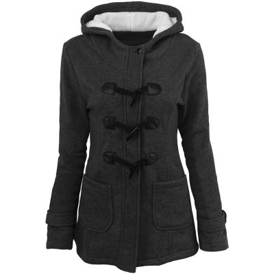 Womens Horn Button Fleece Winter Warm Coats Thicken With Hood Jacket Long Sleeve Pocket Vintage Outwear Coats
