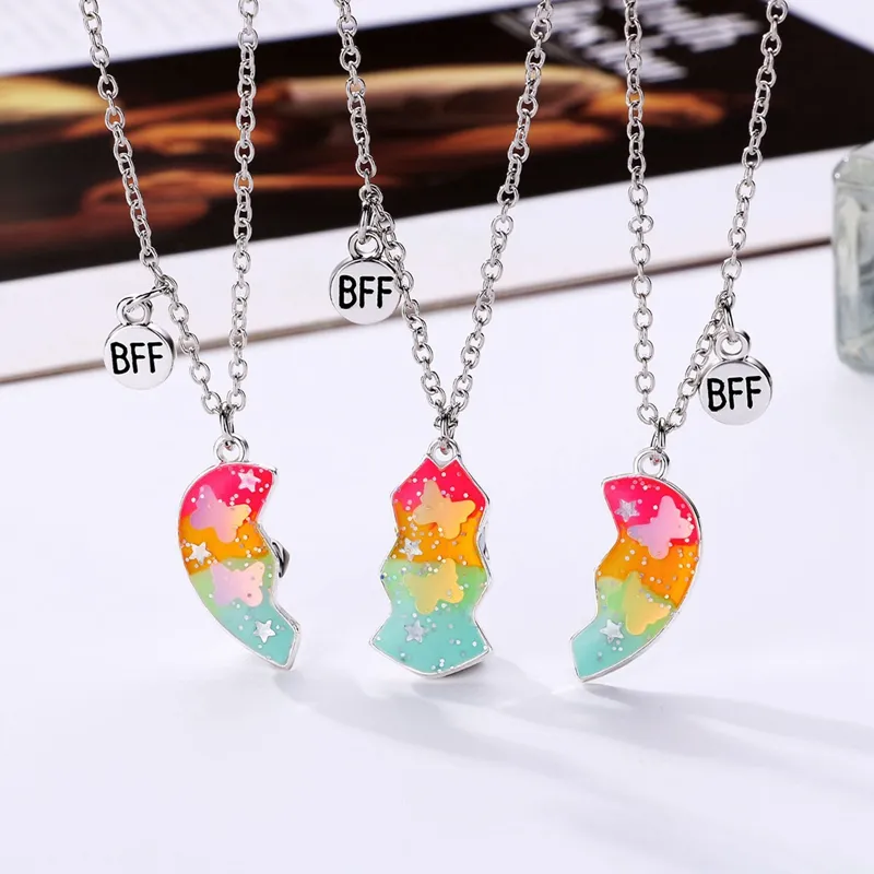 Fashion good friend children's necklace geometric dripping oil magnet  stitching love necklace 3 sets