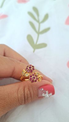 แหวนหุ้มทอง ดอกไม้พลอยชมพูคู่