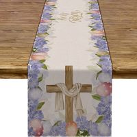 【LZ】♛๑✢  Linen He Is Risen Table Runner Easter Egg Spring Jesus Ressurrection Cross Home Kitchen Dining Room Decoration Wedding Decor