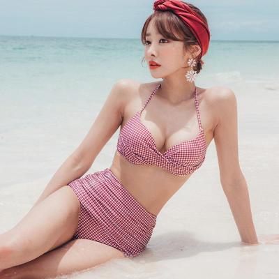 ⭐FASHIONJEANS⭐ชุดว่ายน้ำหญิง ทูพีช เอวสูง  ลายสก๊อตสีแดง น่ารัก เซ็กซี่ Sexy Bikini Two Pieces #YM1831