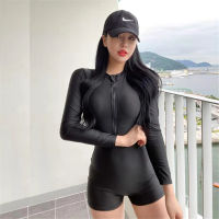 Long Sleeve Rash Guards For Women Solid Swimsuits Zipper Swimwear High Neck Monokini Shorts Surfing Suits Black Sports