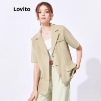 §Lovito เสื้อเบลเซอร์ คอปก แขนห้าส่วน แต่งกระดุม สไตล์เกาหลี สีกากี สําหรับผู้หญิง L32FW114